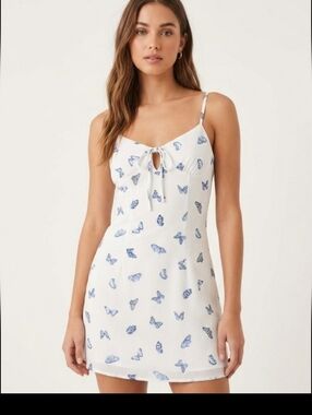 H&M Divided White Blue Butterfly Print Tie-Front Mini Dress XXS Y2K Cottagecore